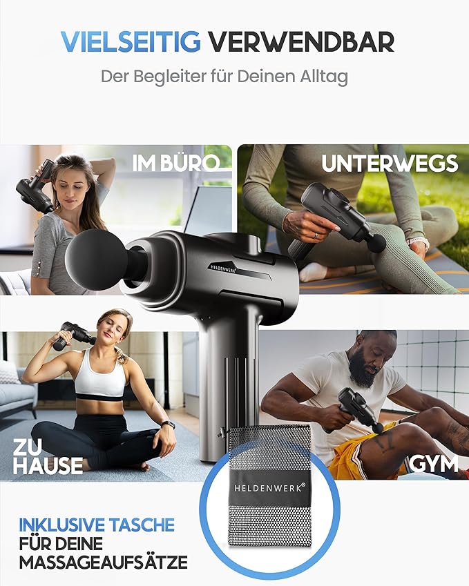 Heroism Pistolet de massage avec 6 têtes de massage - Masseur musculaire 3200 rpm, rechargeable par USB-C - Gris