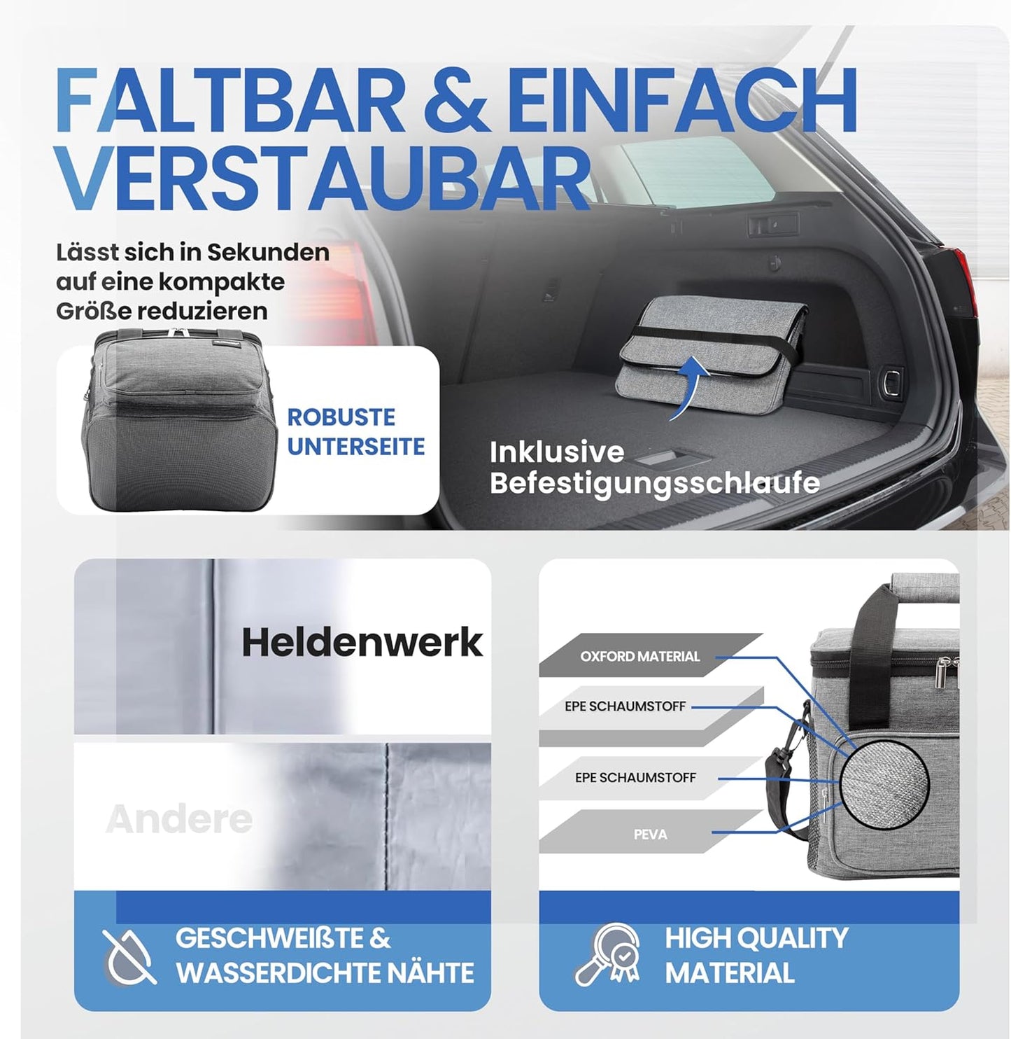 HELDENWERK Cooler Bag Small & Foldable - 10 Liter Thermal Lunch Bag - Insulated, Waterproof & Leakproof - Cooler Bag - Brunch and Lunch Bag - Light Grey