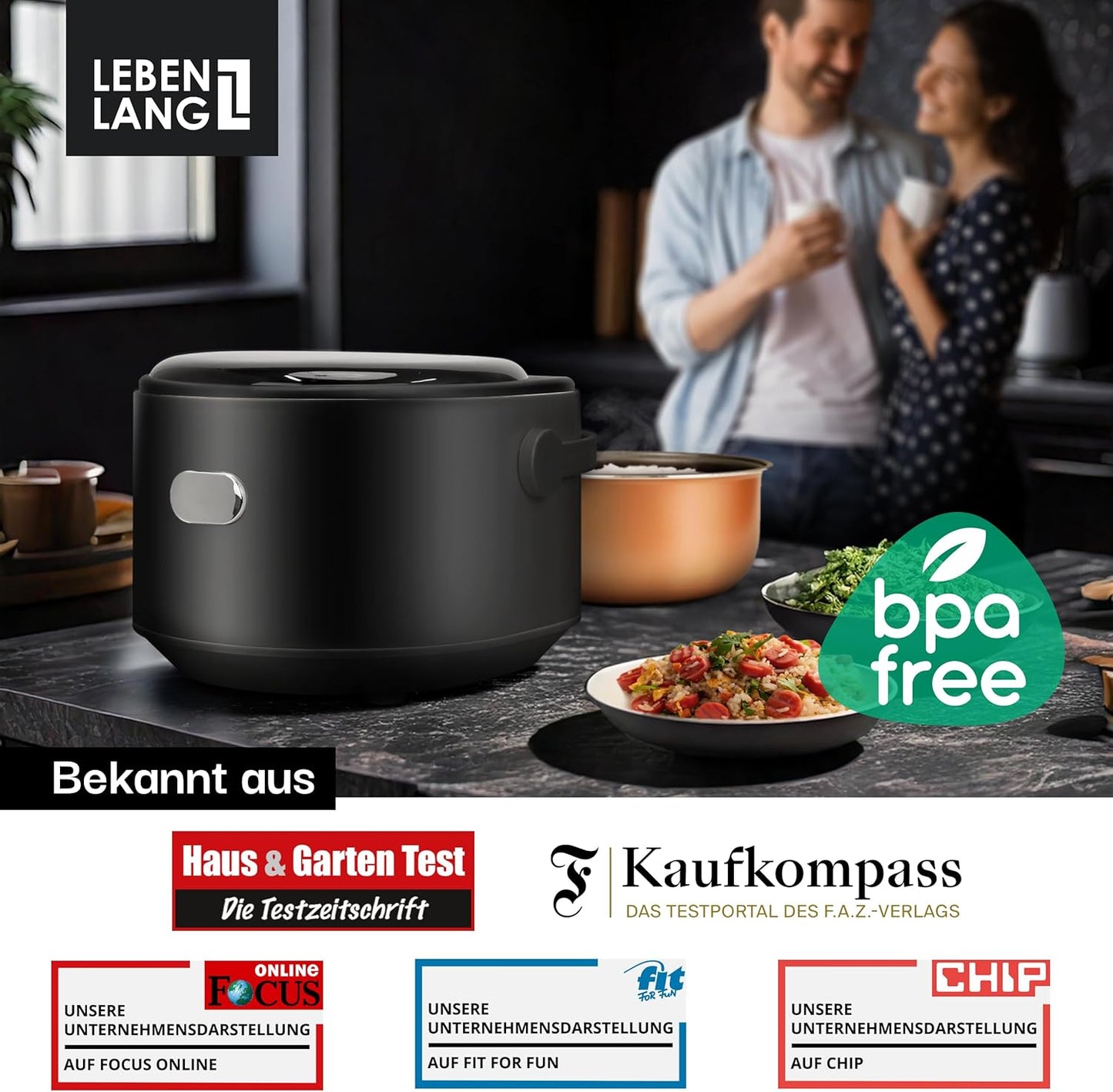 LEBENLANG Cuiseur de riz numérique 0.8L - 400W - Noir - 30x26x22 cm - Avec minuterie, fonction de chauffage, tasse à mesurer et cuillère à riz