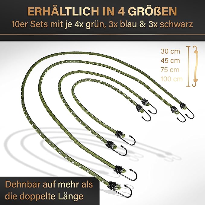 Heroism Lot de 10 sangles d'arrimage en caoutchouc avec crochets - testées TÜV/GS, élastiques, 30-100 cm, pour le transport, le camping et la sécurité
