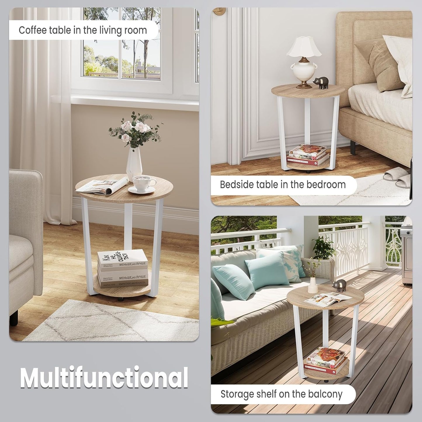 Table basse ronde Woltu - 50x50x53 cm - chêne clair - table d'appoint avec 2 étagères et espace de rangement