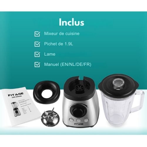 Blender - FITAGE - Blender de cuisine - 1200W et 1.9L - Gris métal
