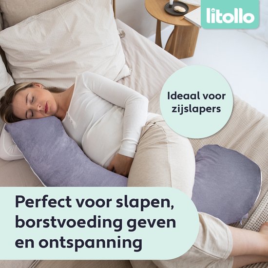 Oreiller de grossesse Litollo® XL - Oreiller d'allaitement - Oreiller de corps - Body pillow - 140 cm - Housse amovible - Gris - Polaire