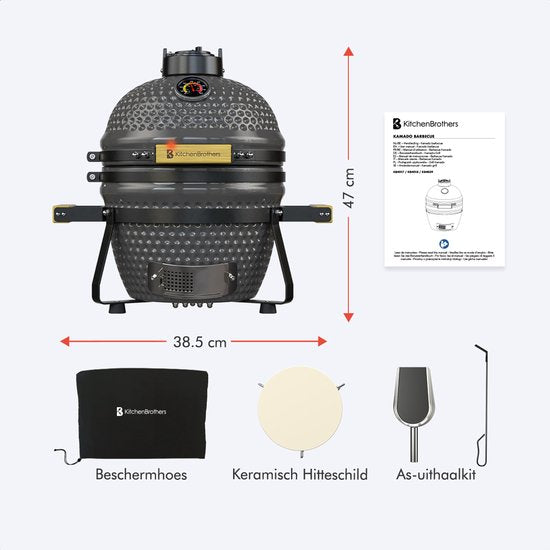 KitchenBrothers Kamado BBQ - 13 Inch Charcoal Barbecue - 27⌀ cm - PFAS-free - Deluxe Set - Egg BBQ with Accessories including Cover - Grey (en anglais)