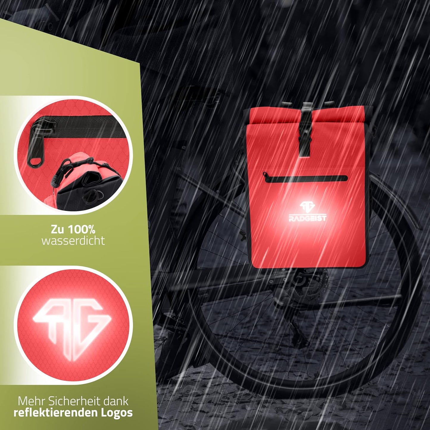 RADGEIST 3in1 sacoche de transport - sac à dos pour vélo - sacoche de transport - sac à bandoulière - avec compartiment pour ordinateur portable - étanche - 25L - rouge