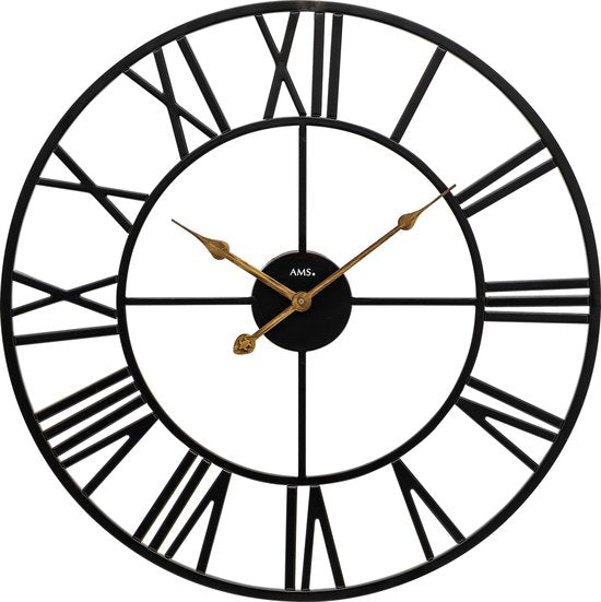 AMS W9685 - Horloge murale - Analogique - Ronde - Métal - Chiffres romains - Noir - Jaune/Doré - 50 mm x 3 cm