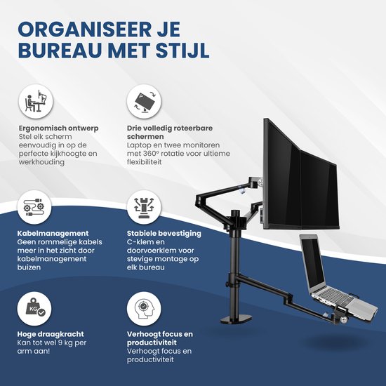 TTD® Bras pour moniteur 2 écrans et ordinateur portable - Bras pour moniteur 3 écrans - Bras pour moniteur 2 écrans et 1 ordinateur portable - Entièrement rotatif et réglable en hauteur - 9 kg par bras - Support pour moniteur - Noir - Aluminium - Support