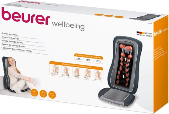 Beurer MG 315 Coussin de massage shiatsu - Fauteuil de massage - Cou et dos - Bodyscan - 3 Programmes - 4 Têtes de massage réglables - Minuterie - Chauffage