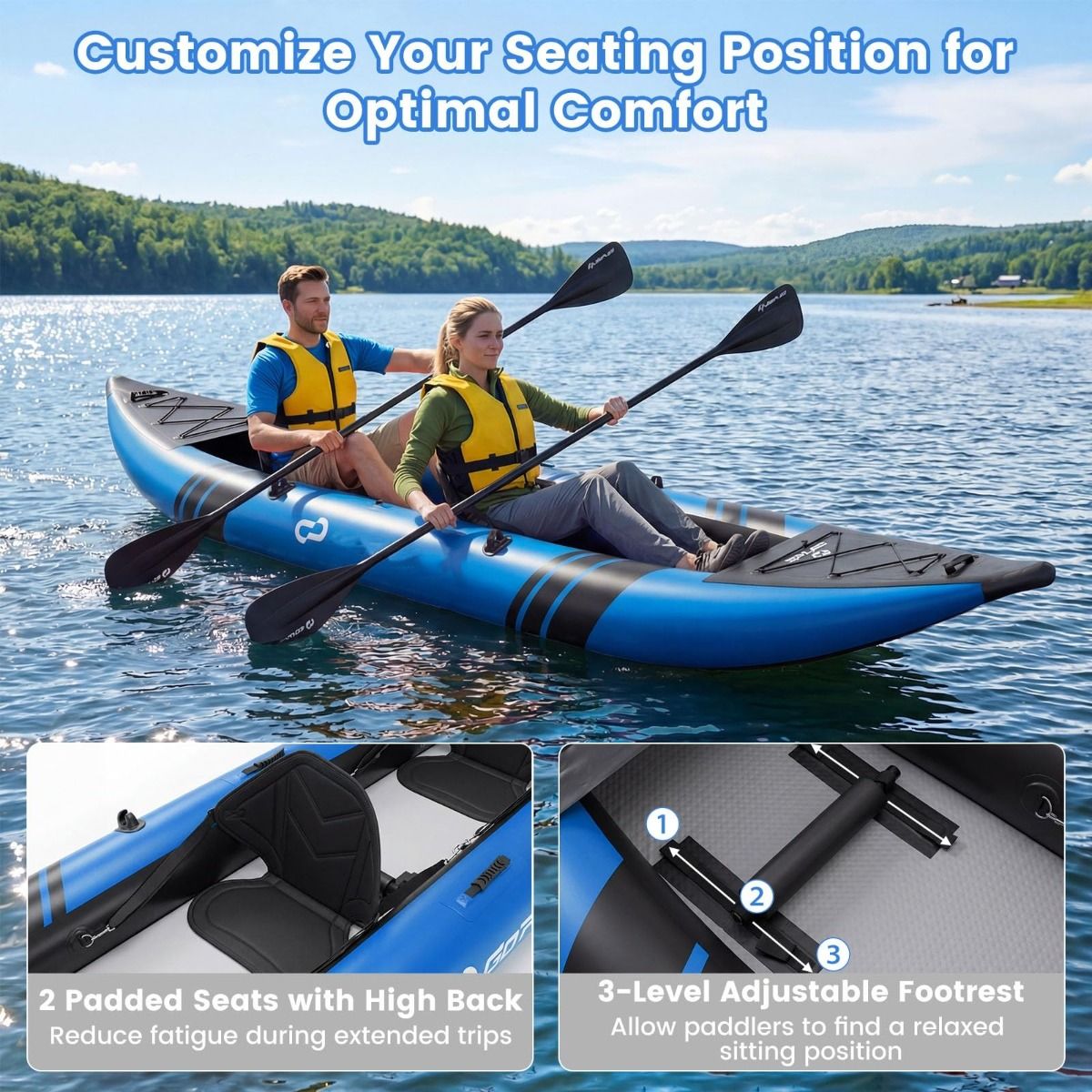 Kayak gonflable Coast pour 2 personnes - Sièges réglables - Pagaies et pompe à main incluses - bleu