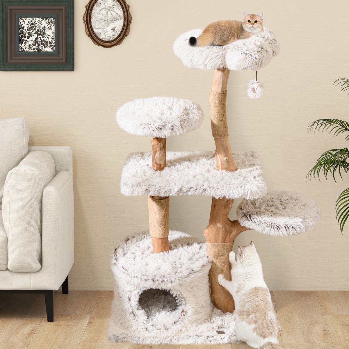 Arbre à chat Coast 135 cm en bois de poirier massif - Poteaux à griffer en jute - Perchoir en peluche - Blanc/Naturel