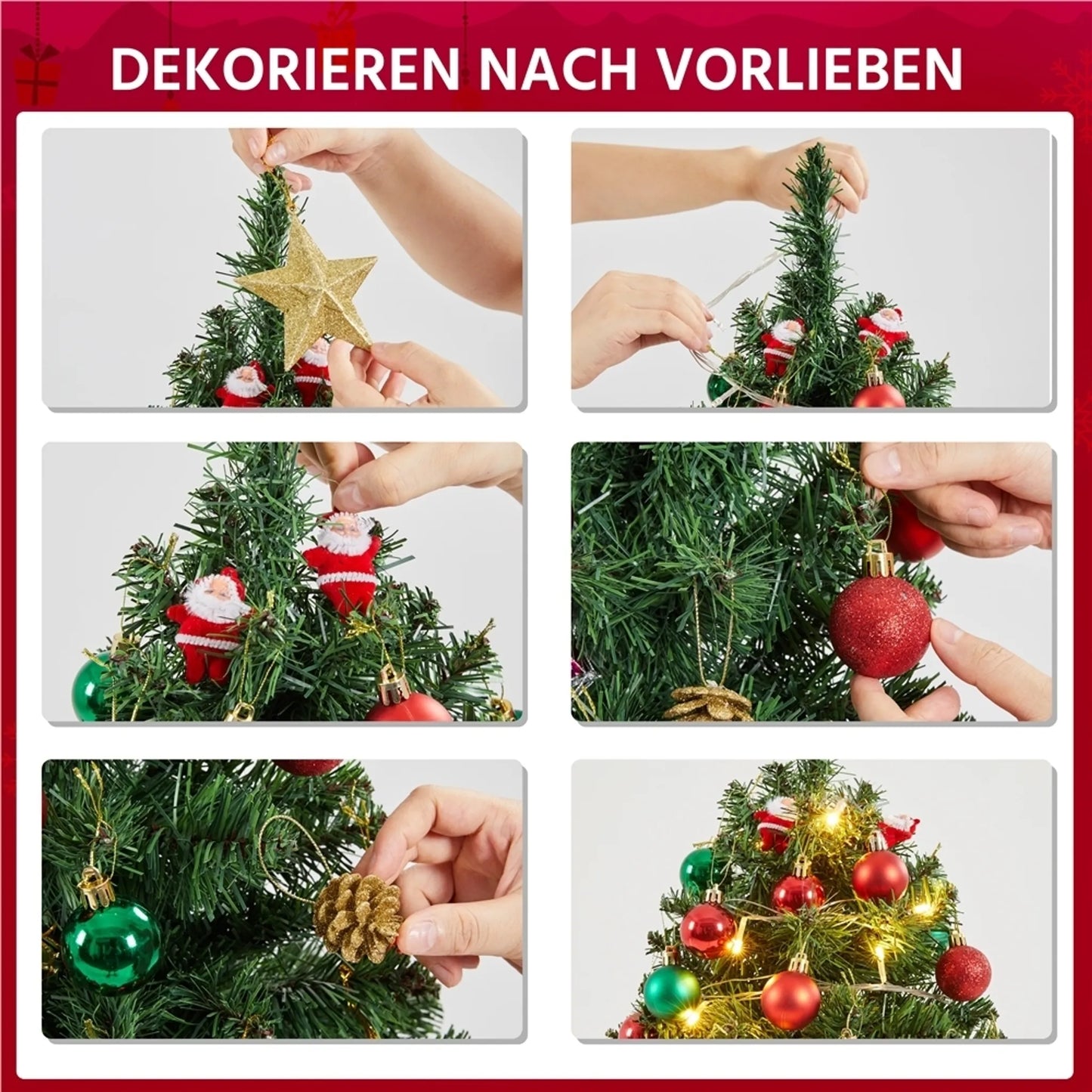 Yaheetech Sapin de Noël de table avec lumières - 48 x 48 x 90 cm - équipé de 50 lumières LED et de 60 baies rouges et d'une base en béton avec tissu rouge - pour le buffet et le bureau - PVC vert et béton