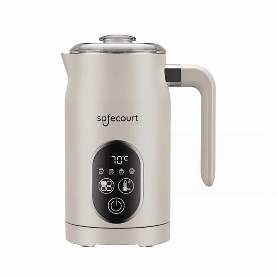 Safecourt kitchen Mousseur à lait électrique - 100% sans PFAS - Affichage et contrôle de la température - 4 en 1 - 350ml - Beige