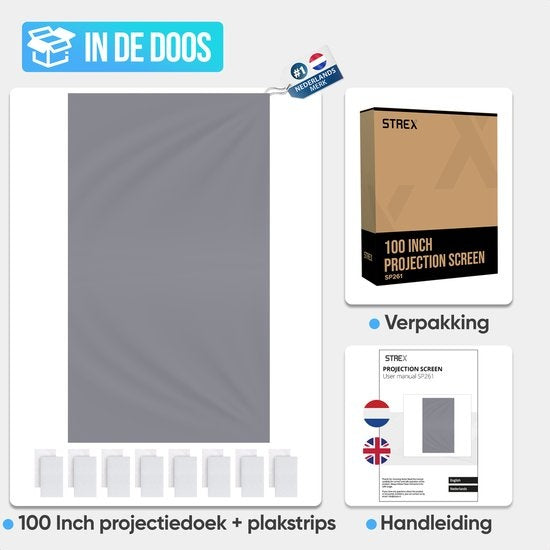 Écran de projection Strex - Écran de rétroprojection - 100 pouces - 16:9 - Toile de projection - Angle de vision 160° - Matériel de montage inclus - 220x120 CM