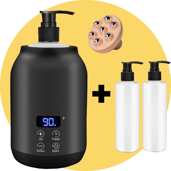 Bolusso Black Massage Oil Heater - Chauffe-huile de massage 30 à 65 degrés - Guasha - Appareil de massage - Comprend 2 distributeurs et un outil de massage - Chauffe-bouteille électrique - Huile de massage érotique