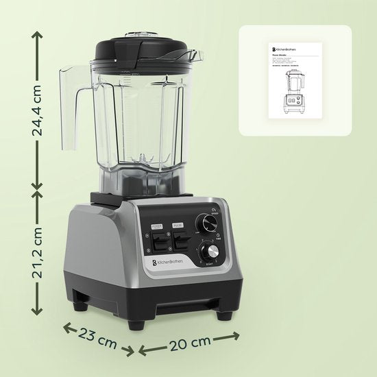 KitchenBrothers Power Blender - 1600W - 2L - Smoothie Maker - Ice Crusher - Gris Métallique