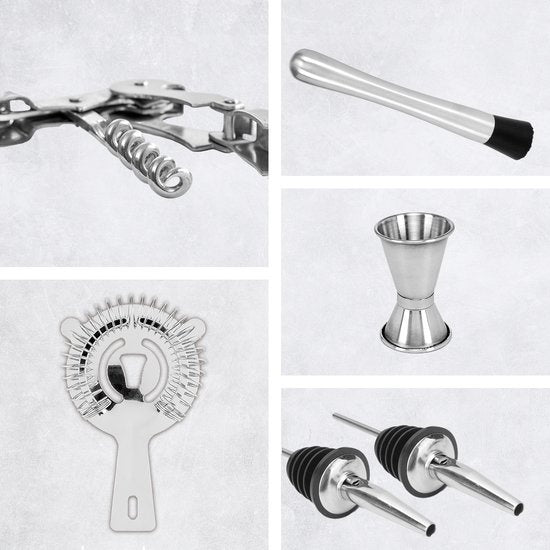 KitchenBrothers Set à cocktail avec shaker - 25 pièces - Set de luxe - Emballage cadeau - Marron clair/Bambou