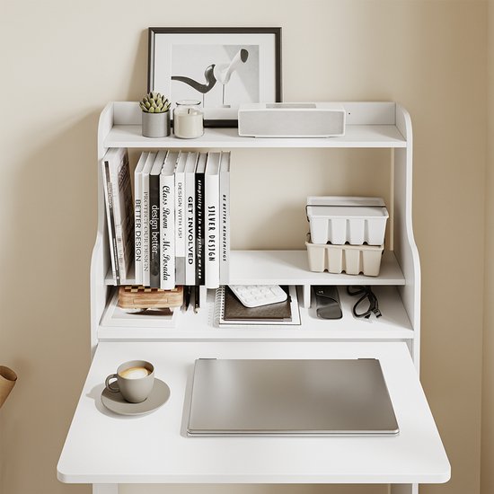 Table pliante murale SoBuy FWT105-II-W - Table pliante multifonctionnelle peu encombrante avec roulettes - Bureau pliant avec tiroir et étagères - Blanc