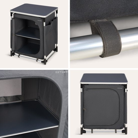 TRVLMORE Meuble de camping - Cuisine de camping - Capacité de charge de 70 kg - Structure en aluminium - Pliable - Sac de transport inclus - 50 x 60 x 72 cm - Gris