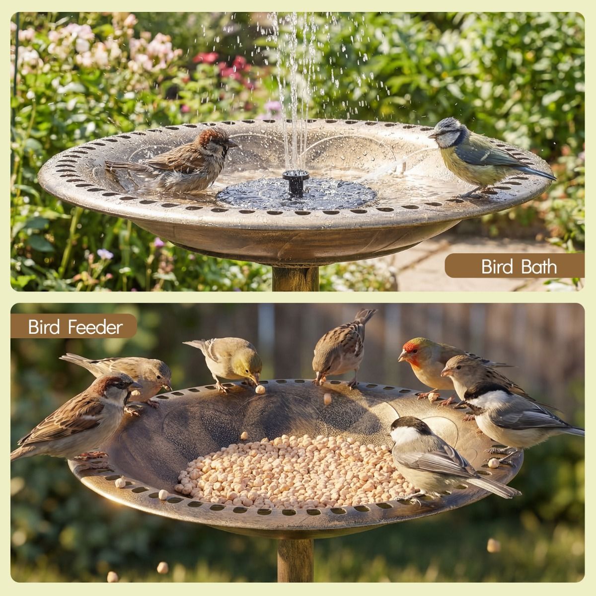 Bain d'oiseaux Coast avec fontaine à énergie solaire - Mangeoire d'extérieur rétro 2-en-1 - 50 x 50 x 72 cm - Bronze