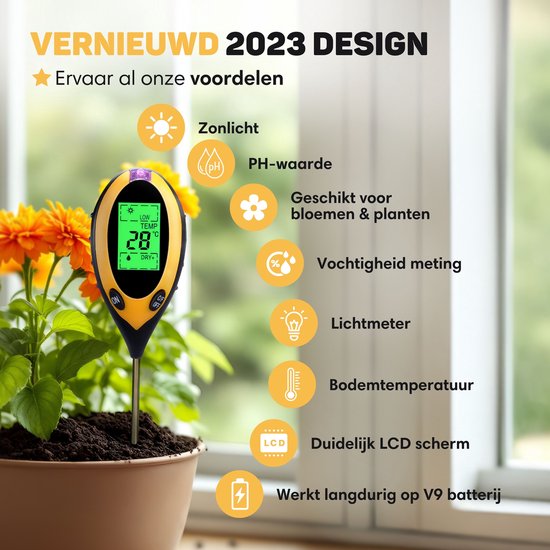 Vulpes Goods® Humidimètre pour plantes - 4 en 1 - hygromètre - intérieur et extérieur - hygromètre pour plantes d'intérieur - - pH, photomètre, thermomètre et humidimètre - Humidimètre pour sol - Version PRO - Batterie incluse