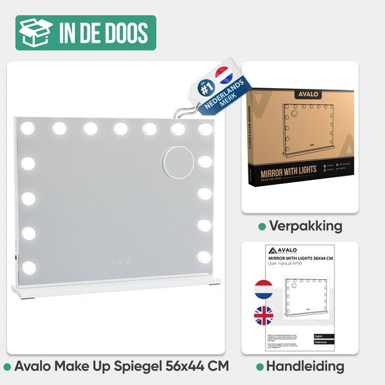 Avalo - Miroir de maquillage avec éclairage - 56x44 CM - Miroir Hollywoodien - Miroir avec éclairage - Miroir de maquillage - 3 modes d'éclairage graduables - grossissement 10x - chargeur USB intégré