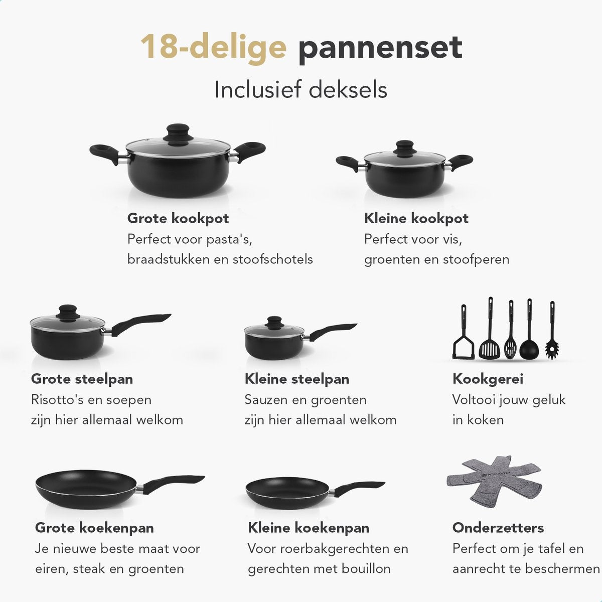 Rochester 18-piece Pots Set with Lids - Cooking Pots - Frying Pans Steal Pans - Aluminium - Black