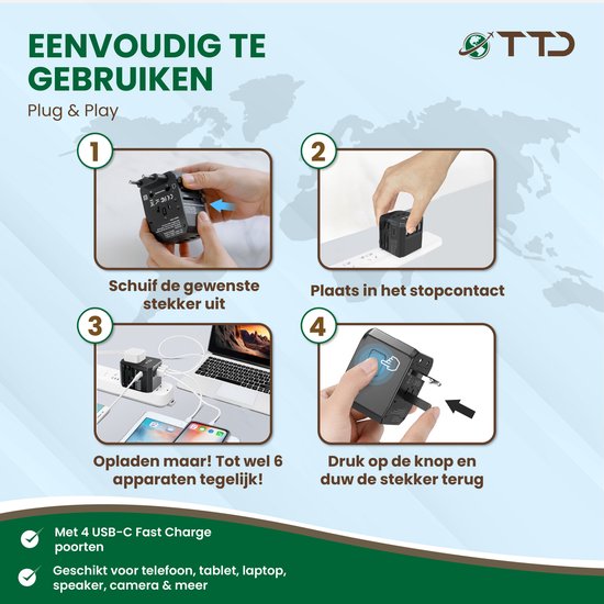 TTD® World Universal Plug - Prise de voyage de type A B C E F G I avec USB-C et charge rapide 4x USB-A - Convient pour l'Amérique, l'Australie, l'Angleterre et le Japon, entre autres - Adaptateur de voyage - Travel Adapter