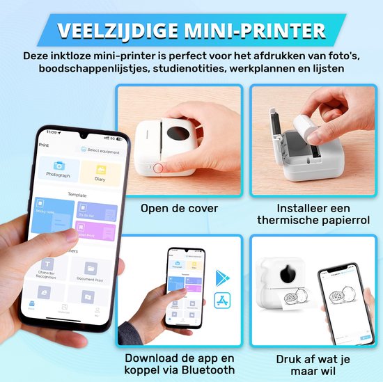 Mini imprimante pour mobile - 6 rouleaux de papier, 5 rouleaux d'autocollants, 3 rouleaux de couleur et stylos de couleur inclus - Imprimante mobile de poche - Sans encre - Sans fil - Blanc
