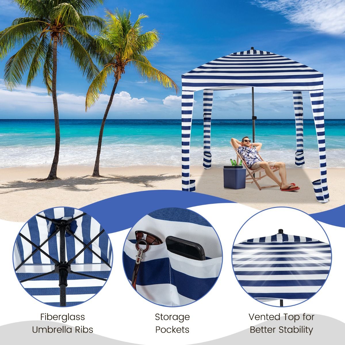 Tente de plage pliable Coast - Avec sac de transport - Paroi latérale amovible - 183 x 183 x 215-240 cm - Bleu avec blanc