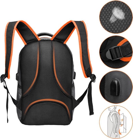 Sac à dos pour ordinateur portable - 34L avec port USB et compartiment pour ordinateur portable 15,6" - Gris / Orange