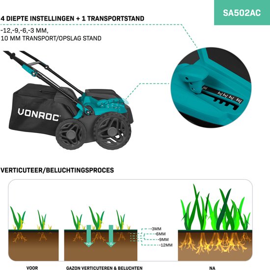 VONROC Scarificateur électrique - aérateur de gazon - 1500W - largeur de coupe 36 cm - 5 positions : 4 positions de profondeur (12/9/6/3 mm) + 1 position de transport (+10 mm) - bac de ramassage 45L inclus