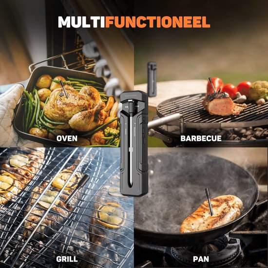 Vulpes Goods® Kitchen Meat Thermometer Wireless with App - 5-in-1 BBQ Thermometer - Oven Thermometer and Cooking Thermometer - Core Thermometer - 80m Range - 1 Probe - Stainless Steel - Water Resistant