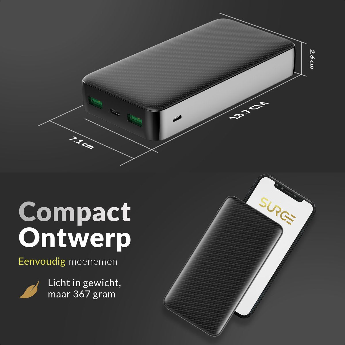 Surge Powerbank 20 000mAh - 22,5W Quick Charge 4.0 - Charge 3 appareils à la fois - Noir - 14,5 x 6,8 x 2,8 cm
