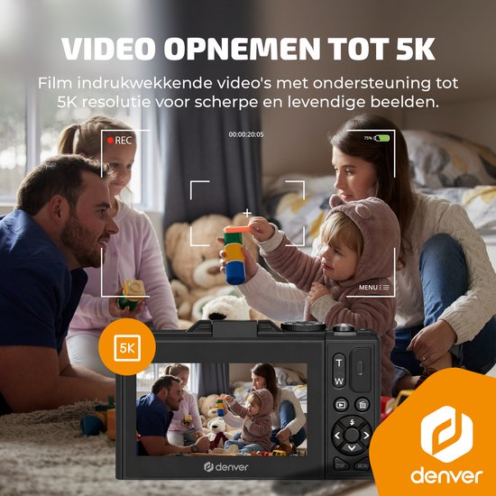 Appareil photo numérique Denver - Full HD 5K - 75 MP - Appareil photo pour vlog - Connexion Wi-Fi - Photo et vidéo - Appareil photo - DWC8475B