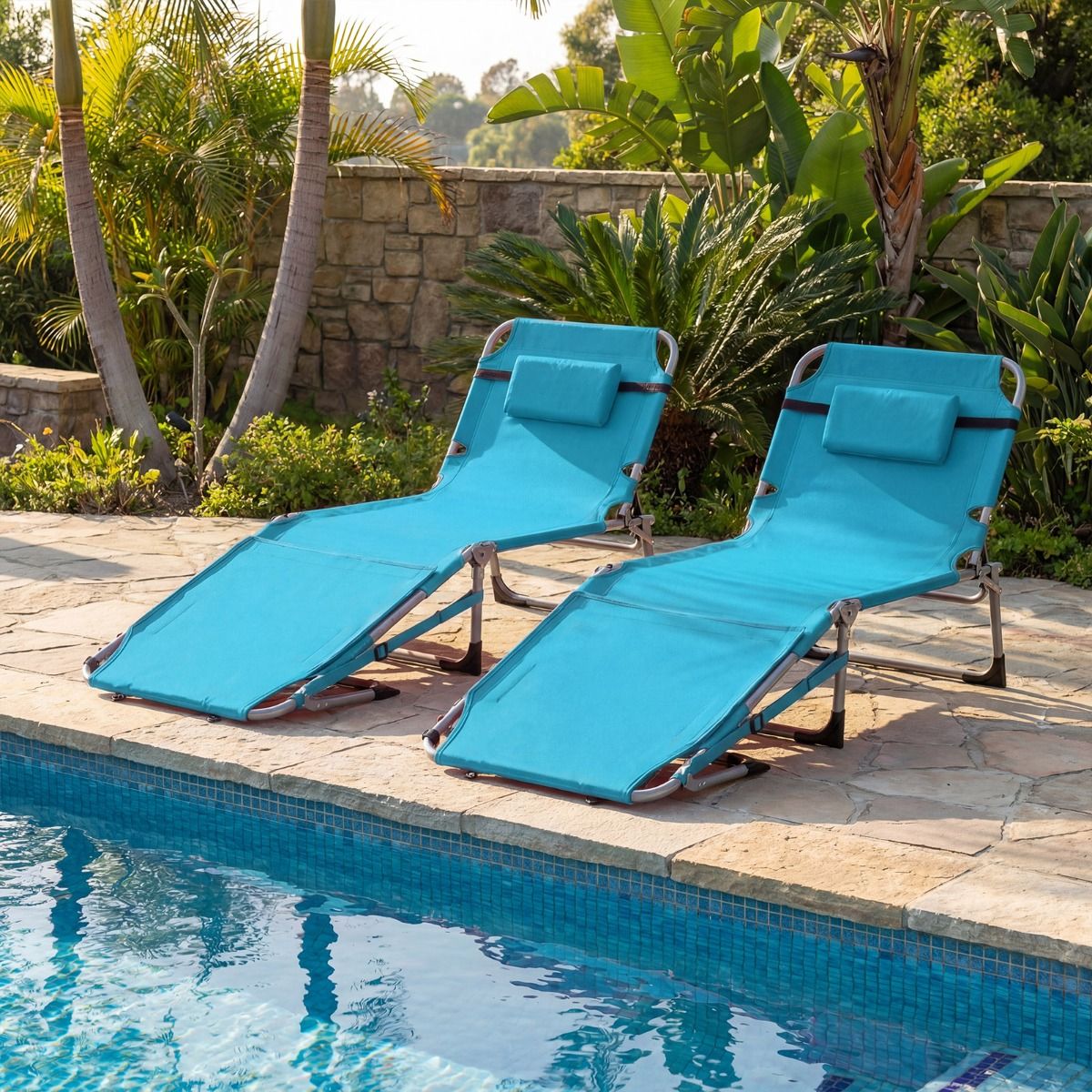 Chaise longue de jardin pliable - Turquoise - 4 positions d'inclinaison - Repose-pieds réglable - 150 kg - Avec porte-gobelet