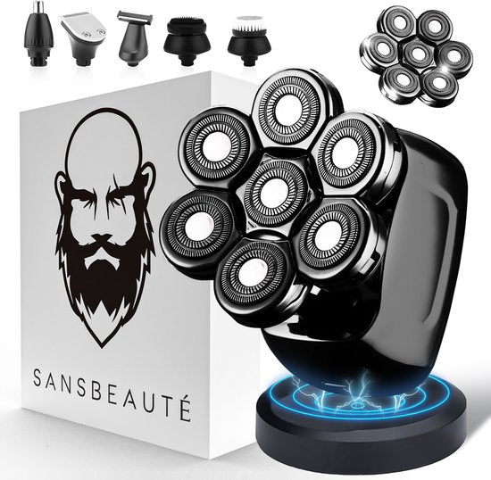 Rasoir 6-en-1 pour hommes + tête de rasage supplémentaire - Tondeuse - Tronçonneuse - Sansbeauté® Skull Sharp PRO - Wet & Dry - Rasage du visage et de la tête - Rasage de la tête - Chargement sans fil - Accessoires