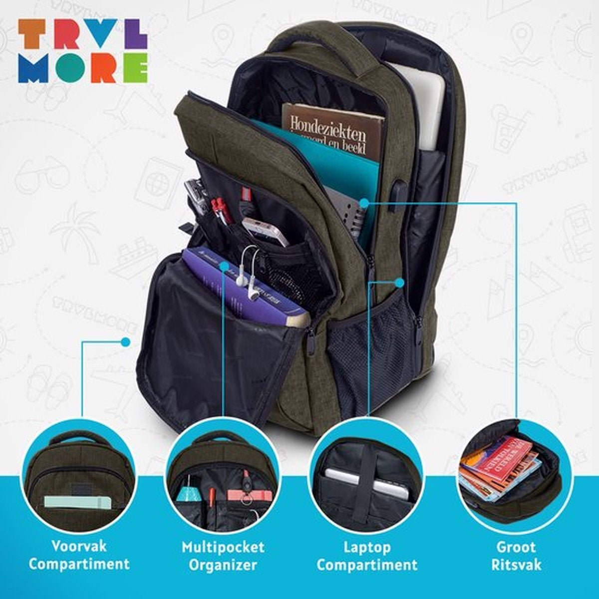 TRVLMORE Sac à dos - 36L - 17.3 inch - Sac à dos pour ordinateur portable - Sac d'école - Unisex - Splashproof Anthracite