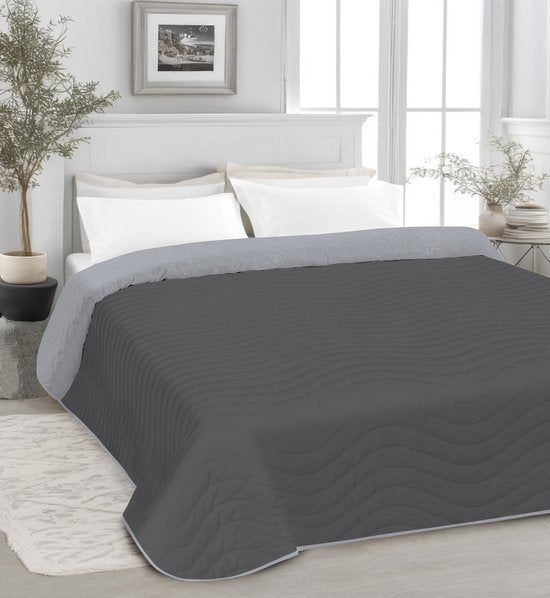 Vitality Pur - Couvre-lit en coton de luxe - 2 personnes - Gris foncé/denim - 240x215