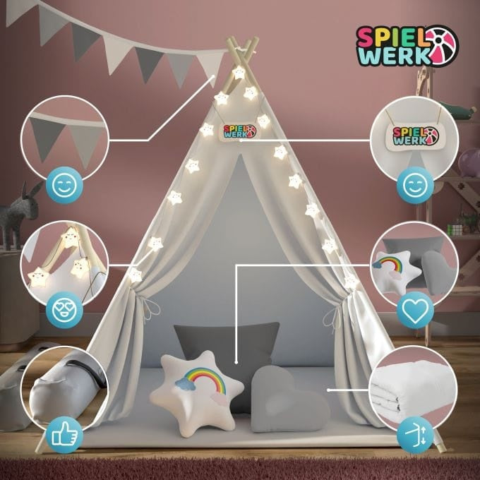 Spielwerk Tente de jeux pour enfants - LED 3 coussins - 130x130x160cm Blanc