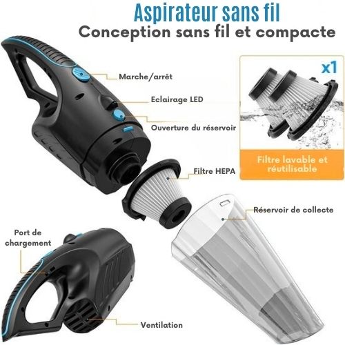Aspirateur sans fil Strex, Aspirateur eau et poussière, 3 accessoires, 14000PA, Filtre HEPA, Eclairage LED, Extra puissant