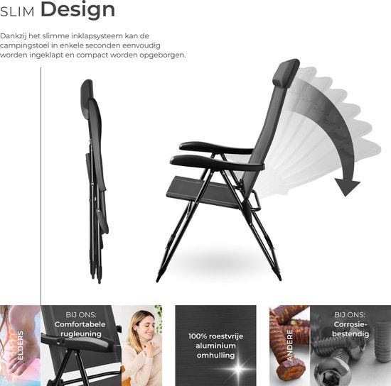 tectake® Chaise de camping - Pliante - Dossier réglable en 7 positions - Chaise de jardin - Chaise inclinable - Structure en acier et aluminium - Lot de 2 - Anthracite