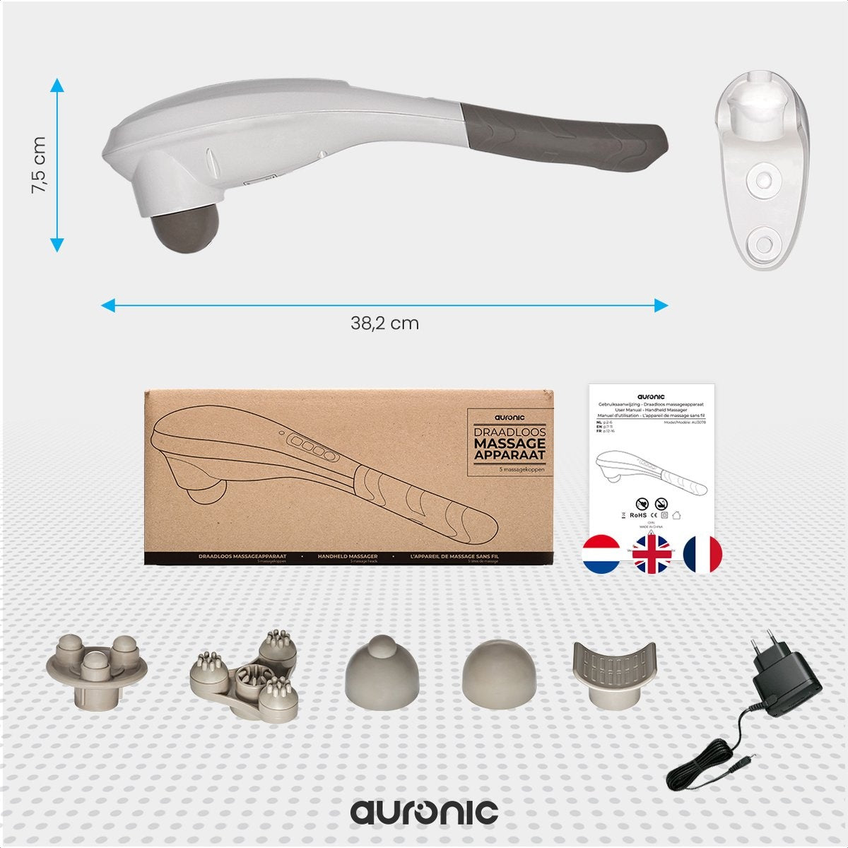 Appareil de massage Auronic Massage du cou et du dos Sans fil 5 accessoires Blanc/gris