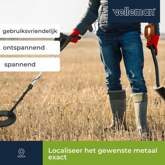 Velleman Détecteur de métaux pour adultes et enfants, bobine de recherche étanche 22 cm, compteur analogique, profondeur de recherche 20 cm, hauteur réglable, accoudoir, chasseur de trésor, détecteur d'argent et d'or