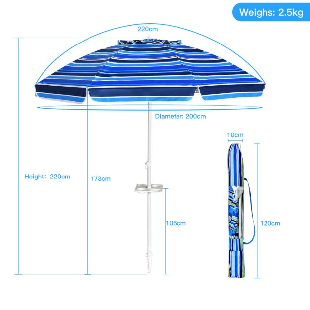 Parasol de plage Coast 220 cm - UPF50+ - Inclinable - Avec porte-gobelet/sac de transport