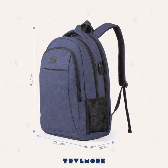 TRVLMORE Sac à dos - 28L - 15.6 inch - Sac à dos pour ordinateur portable - Sac d'école - Unisex - Splashproof Blue