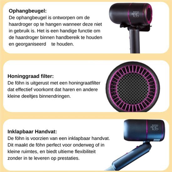 BAESS Sèche-cheveux avec diffuseur - Sèche-cheveux de voyage pliable - Sèche-cheveux ionique - 2000W - Coolshot - Boucles - Sèche-cheveux - Sèche-cheveux - Gris