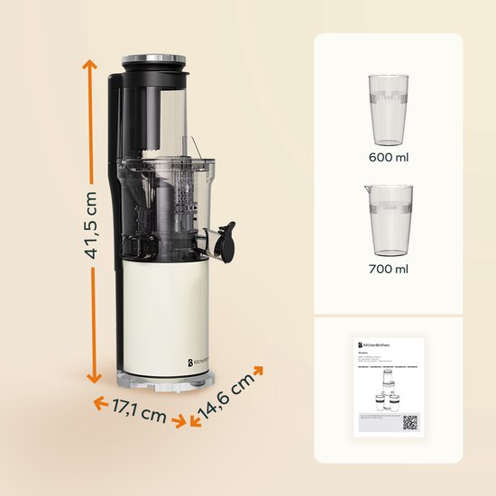 KitchenBrothers Slowjuicer - Vertical - Presse-agrumes - Presse-légumes et fruits - 80 mm - 750 ml - Champagne