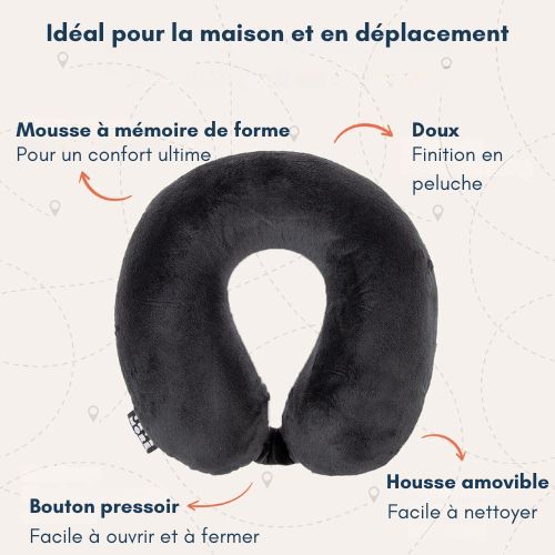 TRVLMORE Oreiller de cou - Oreiller de voyage pour l'avion et la voiture - Forme en U - Mousse à mémoire de forme - Noir