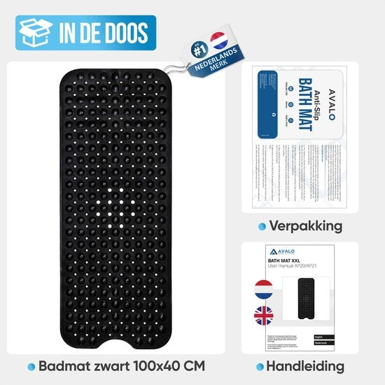 Tapis de bain Avalo / Tapis de douche antidérapant - 100x40CM - Noir - Avec ventouses - Tapis de douche antidérapant pour douche - Tapis de bain