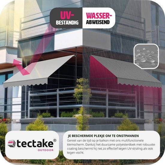 Tectake - Pare-soleil à pinces - 250 x 180 cm - équipé de polyester résistant aux UV, d'une manivelle et de barres télescopiques - pour balcon et terrasse - acier thermolaqué gris clair